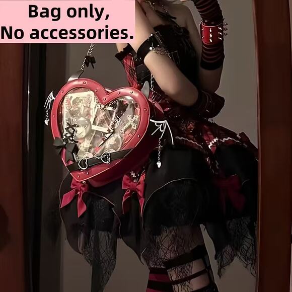 Gothic Heart Ita Bag with Bat Wings Red PU Leather - Picture 2 of 5